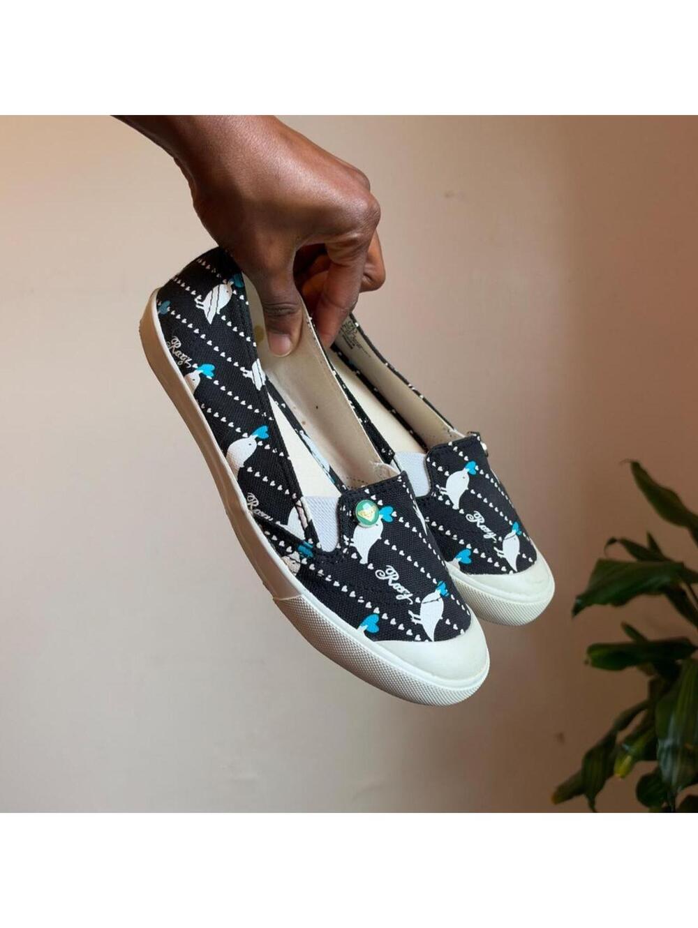 Y2K Roxy Volley Slip On Canvas Sneakers flat Print Heart Logo Black US 7.5